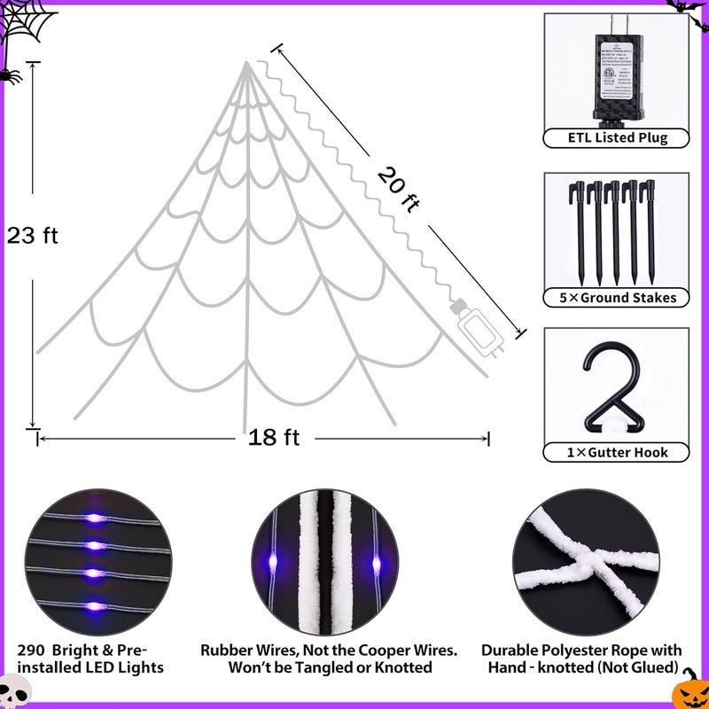 Zivilic Halloween Spider Web Lights 290 LED Lighted Spider Web Giant 23 Ft Halloween Decorations Light up with 8 Lighting Modes Waterproof & Timer for Outdoor Indoor Yard Haunted House Decor, Purple - Image 4